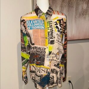 Desigual Fashion Headlines Print Button-Down Blouse in White and Blue